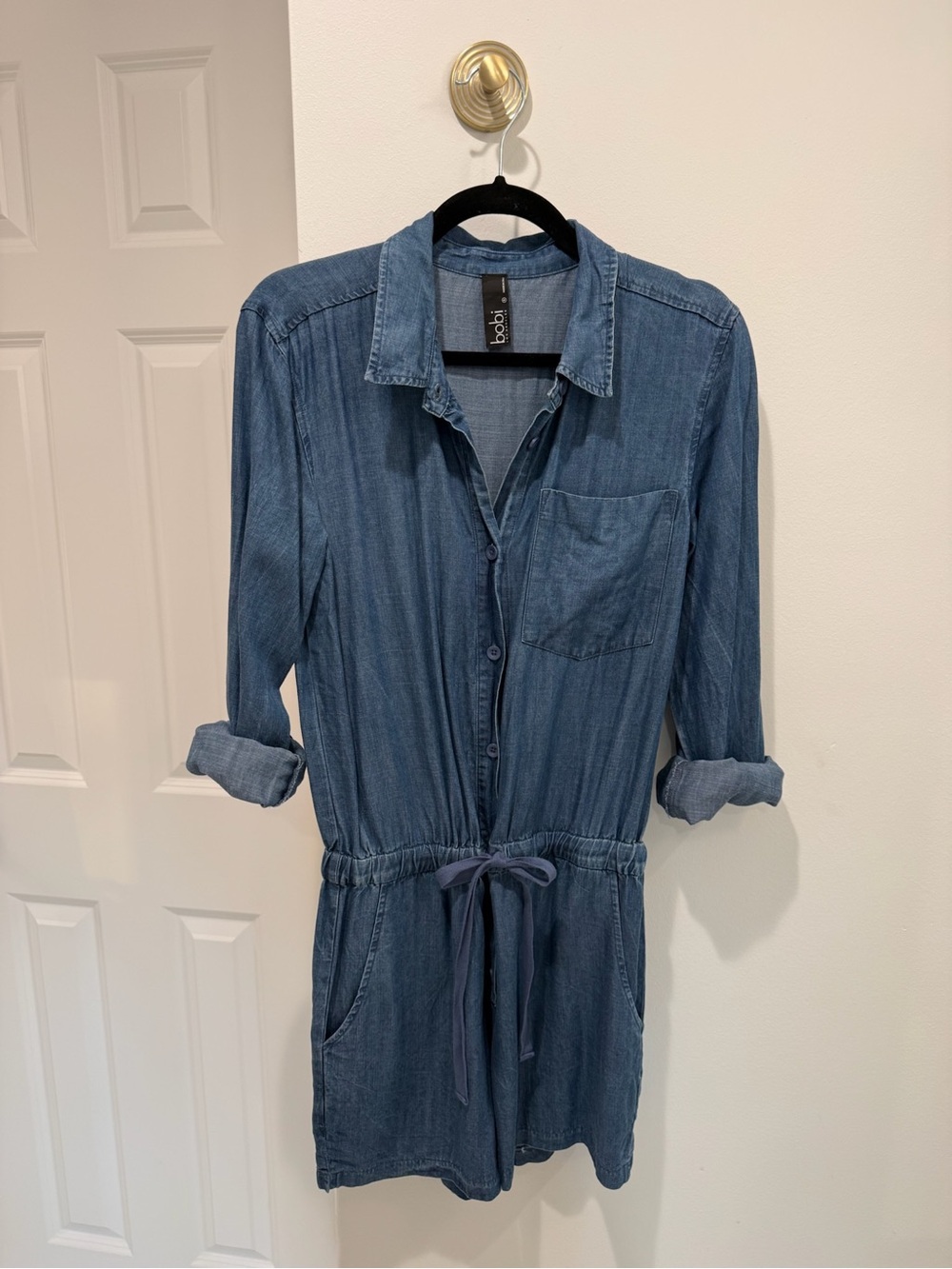Bobi Denim Chambray Romper in Small Blue
